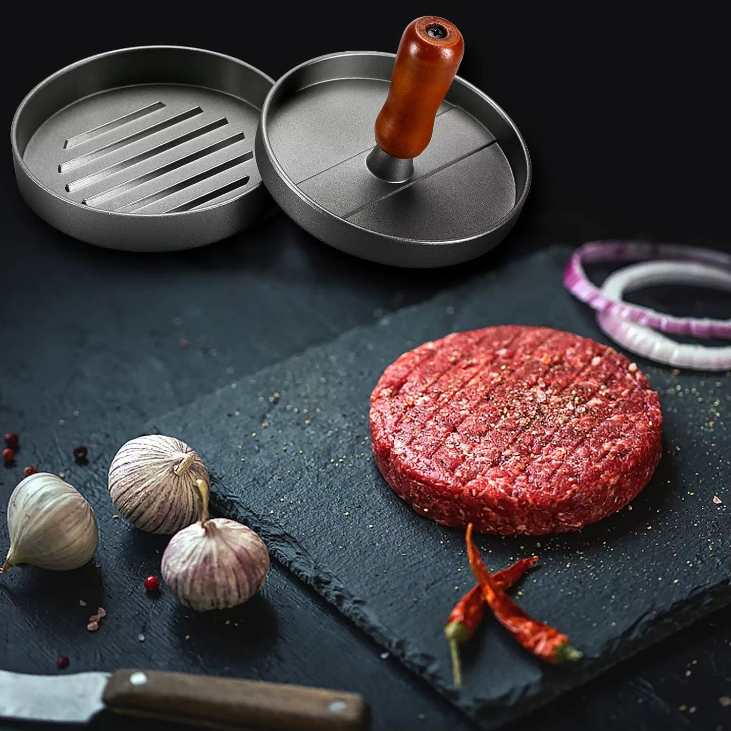 Burger Press Patty Maker Stainless Steel Hamburger Patty Press Mold Wood Handle Non-Stick with 100 Patty Papers